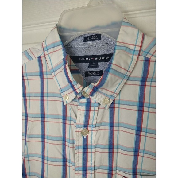 tommy hilfiger Long Sleeve White Blue Red Plaid Pocket Button Shirt. Size L - Picture 3 of 10